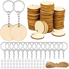 Dreamtop Pack of 100 Natural Round Wooden Discs 3.5 cm Unfinished Wooden Circles with Hole with 50 Key Rings and 10 m Hemp Rope for Crafts Hanging Decoration Christmas Decorations