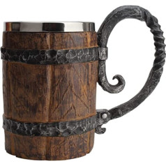 GeKLok 650ml koka imitācijas mucas nerūsējošā tērauda dubultsiena alus krūze ar rokturi Pirātu vikingu krūze Fantasy viduslaiku kroga koka krūze bāra restorāna mājas dekorēšanai