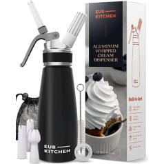 EurKitchen Professioneller Sahnespender 500 ml aus alumīnija, Auslaufsicherer Schlagsahne Siphon mit 3 Spritzdüsen und Reinigungsbürste, Sahnebereiter, Sahnesyphon für N2O-Kapseln (Nicht Enthalten)