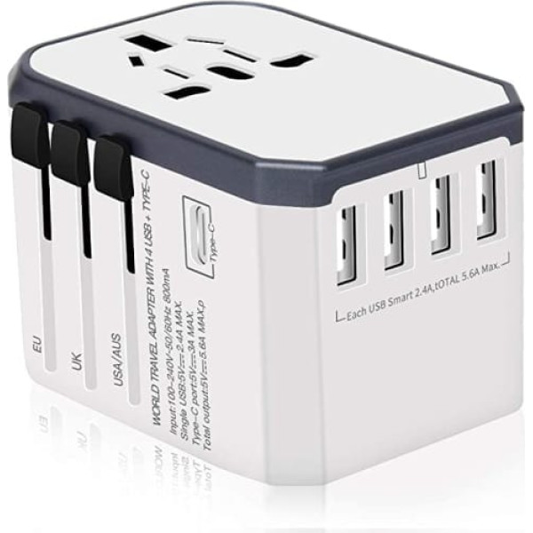 Ceļojumu adapteris Travel Plug visā pasaulē 224+ valstis Universālais ceļojumu adapteris 4 USB + C tipa + maiņstrāvas uzlāde starptautiskai lietošanai Eiropai Vācija Lielbritānija Austrālija ASV Āzija utt.