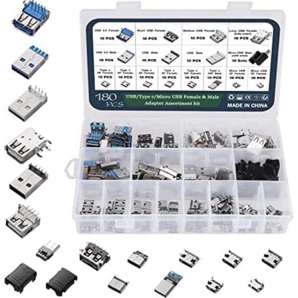 WiMas 180gab USB 2.0 3.0 Type A Type C Micro USB vīrišķā savienotāja adaptera spraudnis, lodēšanas USB sieviešu sortimenta komplekts PCB montāžas DIY lodēšanas rezerves daļas