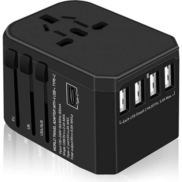 Ceļojumu adapteris Travel Plug visā pasaulē 224+ valstis Universālais ceļojumu adapteris 4 USB + C tipa + maiņstrāvas uzlāde starptautiskai lietošanai Eiropai Vācija Lielbritānija Austrālija ASV Āzija utt.