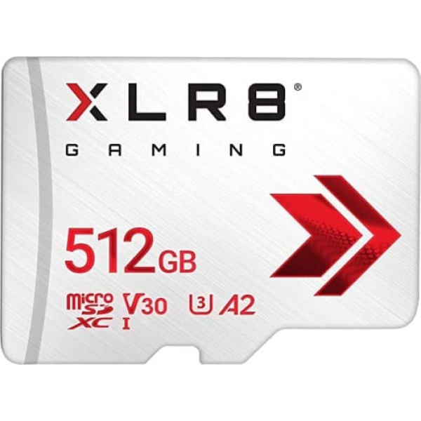 PNY XLR8 Gaming 512GB Class 10 U3 V30 A2 microSDXC zibatmiņas karte, lasīšanas ātrums līdz 100 MB/s, ideāli piemērots viedtālruņiem, planšetdatoriem, rokas konsolēm, balts