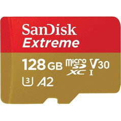 SanDisk Extreme 128 GB microSDXC atmiņas karte un SD adapteris ar App Performance A2 un Rescue Pro Deluxe, līdz 160/90 MB/s, 10. klase, UHH-I, U3, V30