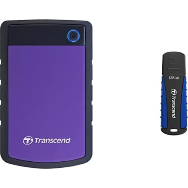 Transcend TS4TSJ25H3P 4 TB pārnēsājams ārējais cietais disks (HDD) purpursarkanā (purpursarkanā krāsā) ar rezerves funkciju un aizsargvāciņu, izturīgu Plug and Play un 128 GB JetFlash 810 USB 3.1 Gen 1 USB stick TS128GJF810 Purple