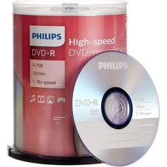 Philips DVD-R sagataves (4,7 GB datu/120 minūšu video, 16x liela ātruma ierakstīšana, 100 vārpstas), DM4S6B00F/00