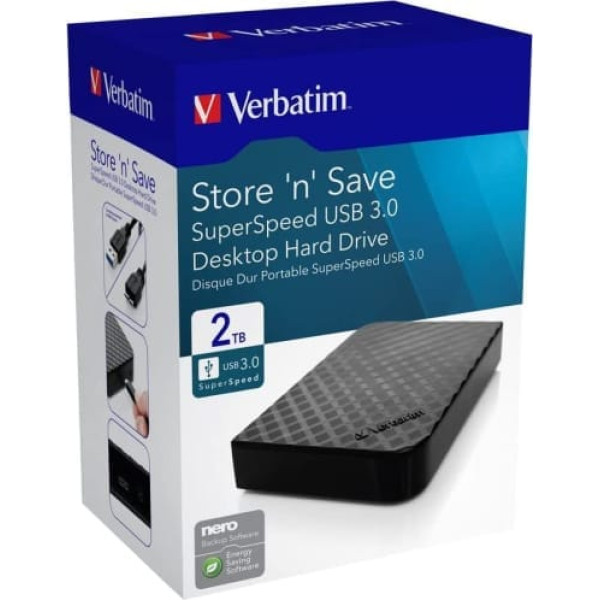 Verbatim Store 'n' Save I 2TB I Black I Ārējais cietais disks I USB 3.0 I Ārējais cietais disks I operētājsistēmai Windows un Mac OS XI Portatīvais cietais disks I USB cietais disks I Portatīvais cietais disks