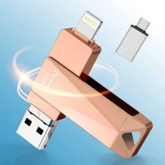 Patianco MFi sertificēts USB zibatmiņas disks iPhone 256 GB ārējās atmiņas paplašinājums iPad USB 3.0 Pendrive Flashdrive mobilais tālrunis 3-in-1 C tipa Android/iPad/iPhone/klēpjdatoram/personālajam datoram/iOS (256 GB)