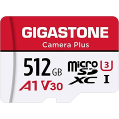 Gigastone Camera Plus 512GB MicroSDXC atmiņas karte + SD adapteris darbības kamerai dronam un planšetdatoram, lasīšanas ātrums līdz 100 MB/s, Full HD video ierakstīšana, A1 U3 Class 10 Micro SD karte UHS-I