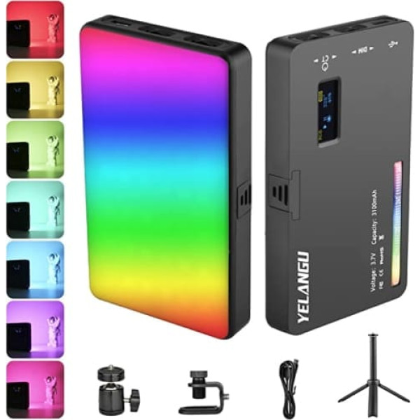 YELANGU kameras gaisma RGB ar statīvu, LED video gaisma ar 3100 mAh akumulatoru. Mini aptumšojams foto gaisma 2500 K–9000 K, video apgaismojuma gaisma kamerai, tiktok un YouTube video emuāri