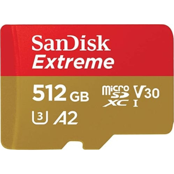 SanDisk Extreme microSDXC UHS-I atmiņas karte 512 GB + adapteris (viedtālruņiem, darbības kamerām un droniem, A2, C10, V30, U3, 190 MB/s pārraide, RescuePRO Deluxe)