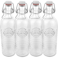 Bormioli Officina 1825 540621MBA321990 stikla pudeles ar reljefu un rievotu itāļu kvalitāti, ideāli piemērota konservēšanai, dzērieniem, fermentācijai, dekorēšanai, 4 caurspīdīgu komplektu