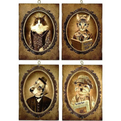 KUSTOM ART Composition of 4 pictures vintage style animal series (cats and dogs), printed on wood, 18 x 25 cm