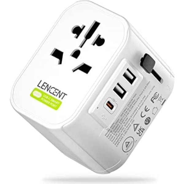 LENCENT Travel Adapter Travel Plug Worldwide 2-Pin EU Socket 2500 W līdz 3-Pin ar USB-C & 2 USB-A International Travel Adapter World Plug ASV Apvienotajai Karalistei Anglijai Austrālijai Eiropai