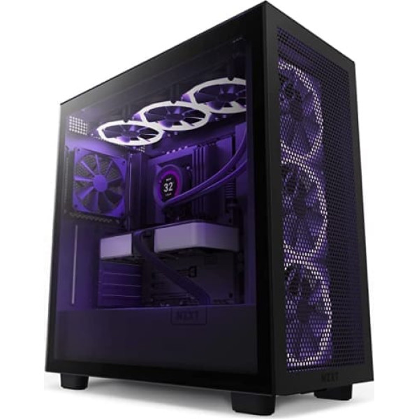 NZXT H7 Flow — CM-H71FB-01 — ATX Mid-Tower spēļu datora korpuss — Priekšējais USB-C ports — Tīkla priekšpuse un rūdīta stikla sānu panelis — gatavs ūdens dzesēšanai — melns