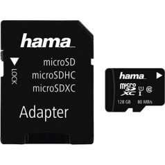 Hama microSDXC karte 128GB Class 10 UHS-I 80MB/s ar SD adapteri fotografēšanai