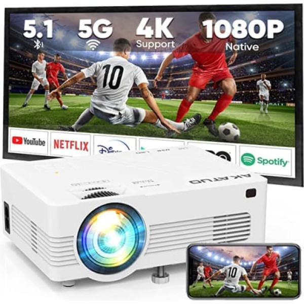 Native 1080P 5G WiFi projektors, AKATUO Bluetooth 5.1 video projektors, 4K atbalsta 8000L, saderīgs ar HDMI USB VGA AV TF, viedtālruņi, klēpjdatori, TV stick/box, pārnēsājams mājas kinozāļu multivides projektors