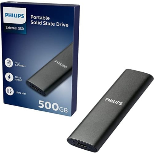 Philips Portatīvais ārējais SSD 500 GB — īpaši plāns SATA īpaši ātrdarbīgs USB-C — USB, lasīšanas ātrums līdz 540 MB/s, rakstīšanas ātrums līdz 520 MB/s, alumīnijs