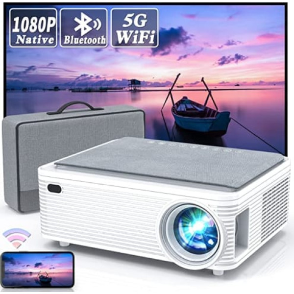 WISELAZER projektors Full HD (ar somiņu), projektors 4K Native 1080P LED mājas kinozāles/TV video projektors, iebūvēts putekļu filtrs/WiFi/Bluetooth/4P un 4D/zoom, UHD projektors saderīgs ar viedtālruni/personālo datoru/televizora pierīci/HDMI/ 