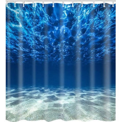 Apgaismojums dušas aizkars, zils okeāna raksts, augstākā kvalitāte, ūdensizturīgs, pretpelējuma efekts, 3D, digitālā druka 12 dušas aizkaru gredzeni vannas istabai 180 x 180 cm / 180 x 210 cm