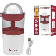 BEPER P102EST100 citronu spiede, elektriskā sulu spiede, atkārtoti uzlādējama sulu spiede, 250 ml, 20 W, USB kabelis, sarkans/balts