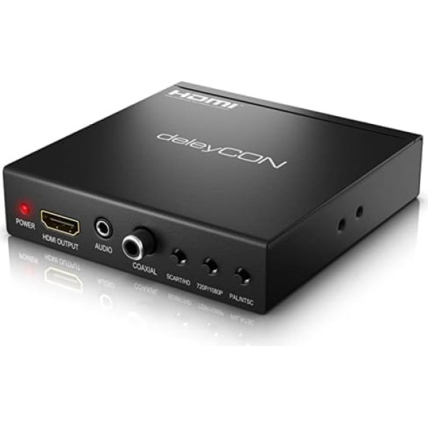 deleyCON SCART uz HDMI pārveidotājs ar audio nosūcēju SCART + HDMI ieeja uz HDMI izvadi koaksiālā + 3,5 mm audio izeja no SCART uz HDMI