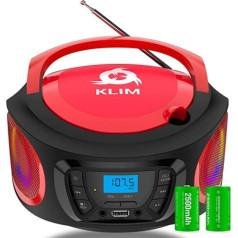 KLIM Boombox radio ar CD atskaņotāju FM radio, CD atskaņotāju, Bluetooth, MP3, USB, AUX + ietver uzlādējamas baterijas + vadu un bezvadu režīmus + kompaktu un izturīgu + jaunu 2022. gadu — sarkanu