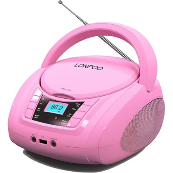 Portable CD Player for Children - Radio CD Boombox with Bluetooth, FM Radio, USB Input & AUX Port & Headphone Jack (Pink)