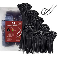 700 Piece Cable Ties Set Black UV Resistant 300/250/200/150/100 mm x 3.6 mm Cable Ties Assortment Small Plasftic Cable Ties Zip Tie Wraps for PC Cable Management Gardening