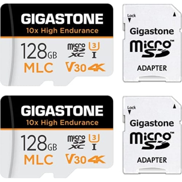 Gigastone MLC 128 GB 2 pakešu rūpnieciskā MicroSDXC karte ar adapteri, 100/80 MB/s 4K video ierakstīšana drošības kamerai, paneļa kamerai, U3 V30 C10 [5 gadu bezmaksas datu atkopšana]