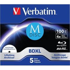 Verbatim MDISC BDXL - 100 GB, 4 reizes lielāks ierakstīšanas ātrums ar mūža arhivēšanu, 5 gabali dārgakmeņu maciņā