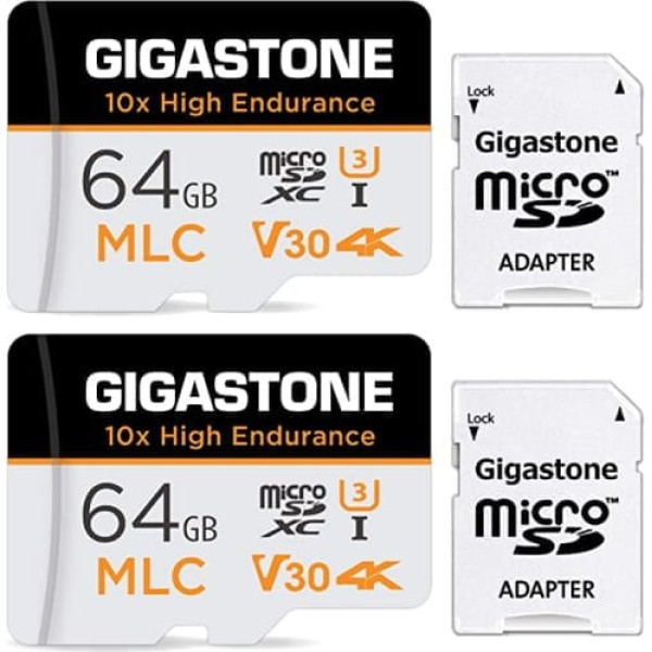 Gigastone MLC 10x augstas izturības 64 GB MicroSDXC atmiņas karte 2 pakotnēs un SD adapteris, līdz 100/65 MB/s, ideāli piemērots 4K video ierakstīšanai, saderīgs ar Dashcam novērošanas kameru, UHS-I U3 V30 10. klase