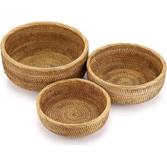 Sumnacon Set of 3 Round Rattan Fruit Baskets for Serving Bread, Snack Storage, Bowls, Table, Desktop Countertop, Decorative Display Baskets