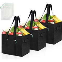 COTTARA Premium saliekams iepirkumu maisiņš — spēcīgs atkārtoti lietojams iepirkumu grozs ar salokāmu pastiprinātu pamatni, iekļauti 3 x augļu un dārzeņu tīkliņi — 38 x 23 x 31 cm melns