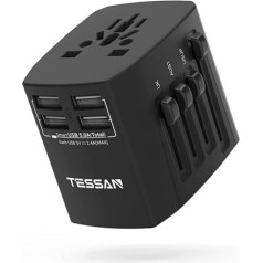 Tessan Travel Adapter Worldwide, Travel Plug Adapter ar 4 USB, Universal Socket Adapter International Vācijai Apvienotajai Karalistei Anglijai ASV Taizemei Maldīvijai Japānai Meksikas Travel Adapter World Plug