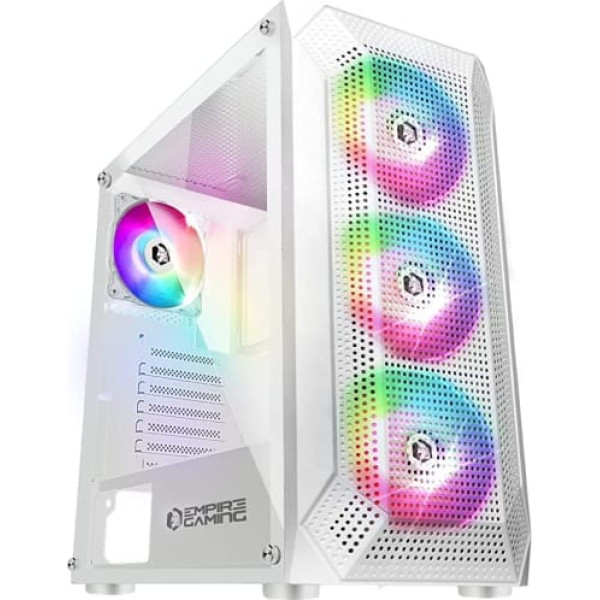 Empire Gaming - Gamer Ruby datora korpuss - ARGB Medium Tower ATX, MATX, ITX - Tīkla panelis - Akrila stikla sānu panelis - 4 ventilatori 3 Pin 5V LED RGB Adresējams 120mm -MB Sync - Balts