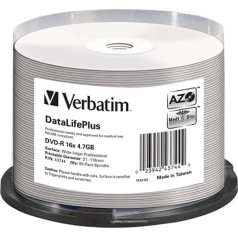 Verbatim DVD-R 4,7 GB — 16 x ierakstīšanas ātrums — DataLifePlus — liels drukājams — 50 gabalu komplekts uz vārpstas, pielāgojams