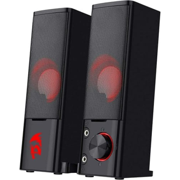 Redragon GS550 Orpheus datora spēļu skaļrunis, 2.0 kanālu stereo galddatora skaņas josla ar kompaktu manevrējamu izmēru, austiņu ligzdu, kvalitatīvu basu un smalku sarkanu fona apgaismojumu