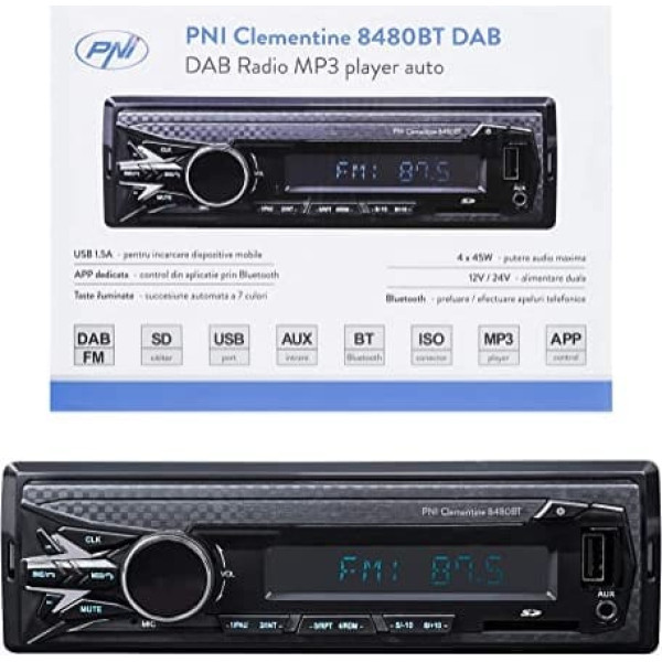 DAB MP3 auto radio PNI Clementine 8480BT 4x45W 12/24V 1 DIN ar SD, USB, AUX, RCA, Bluetooth un USB 1.5A tālruņa uzlādei