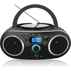 CD radio portatīvais CD atskaņotājs Boombox ar Bluetooth un FM radio, USB ieeju un 3,5 mm AUX austiņu ligzdu (melns)