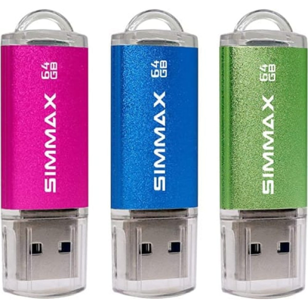 SIMMAX USB zibatmiņas zibatmiņas, iepakojums 3, 64 GB, USB zibatmiņas disks, liela ātruma USB 2.0 atmiņas karte, 64 GB, rozā, zila, zaļa