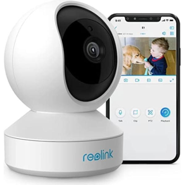 Reolink WiFi IP iekštelpu drošības kamera, grozāma, mobilais tālrunis, 3MP HD ar 2,4 GHz Wi-Fi, 355° panoramēšana / 50° slīpums, divvirzienu audio, IR nakts redzamība un kustības noteikšana, E1