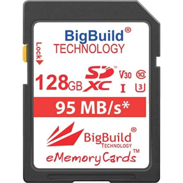 BigBuild Technology 128GB UHS-I U3 95MB/s atmiņas karte Panasonic Lumix DMC FT30, FT30EF A, FT30EF D, FT30EF K, FZ1000, FZ2000, FZ2500, FZ300, FZ72, FZ2EBK, FZ822