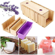 RoseFlower 2 Piece DIY Soap Silicone Mould Set, 11.02 Inch Practical Adjustable Wooden Soap Cutter Handmade Soap DIY Tool + 1.2 kg Rectangular Silicone Soap Mould with Wooden Box