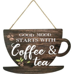 AUXSOUL Good Moon Starts with Coffee & Tea Wooden Hanging Sign Coffee Sign Farmhouse Decorative for Kitchen Bar Decor Coffee Lover