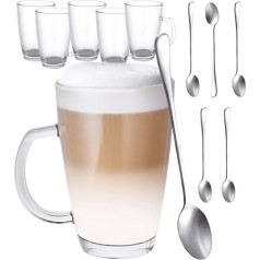 Latte Macchiato glāzes, komplekts pa 6, ar rokturi un karoti, 300 ml - ilgstoši uztur dzērienus siltus