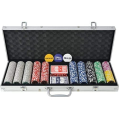 Pokera spēļu pokera komplekts ar 500 augstas kvalitātes 11,5 g lāzera žetoniem, alumīnija pokera futrālis, pokera komplekta pokera spēle ar 5 kauliņiem un 2 kāršu kaviem, izturīgs futrālis, daudzkrāsains