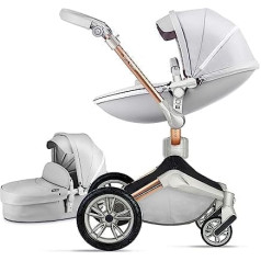 Hot Mom 3-in-1/2-in-1 bērnu ratiņi ar 360 grādu rotācijas funkciju, kombinēti ratiņi ar mazuļa vannu, sporta ratiņi, PU riepas, mākslīgās ādas sēdeklis (pelēks-2, bez automašīnas sēdekļa)