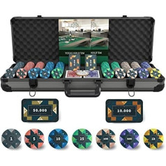Bullets spēļu kārtis — Paulie Deluxe pokera futrālis ar 500 keramikas pokera žetoniem ar drukātām vērtībām, pokera instrukcijām, plāksnītēm, dīlera pogu un lodēm, plastmasas pokera kārtīm