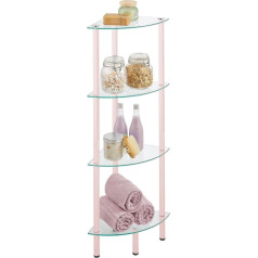 mDesign Corner Shelf - 4 Tier Standing Shelf for Bathroom, Hallway, Office or Bedroom - Metal Standing Shelf with Glass Shelves - Pink and Clear